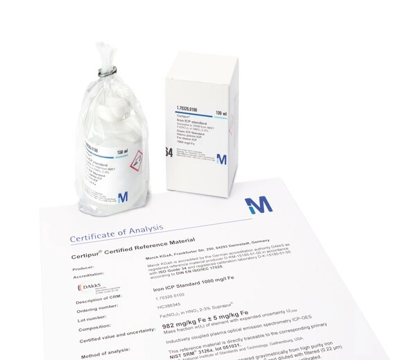 Марганец, стандартный раствор для ICP, поверен стандартным образцом NIST Mn(NO3)2 в HNO3 2-3% 1000 мг/л Mn Certipur®, 100 мл 1703320100
